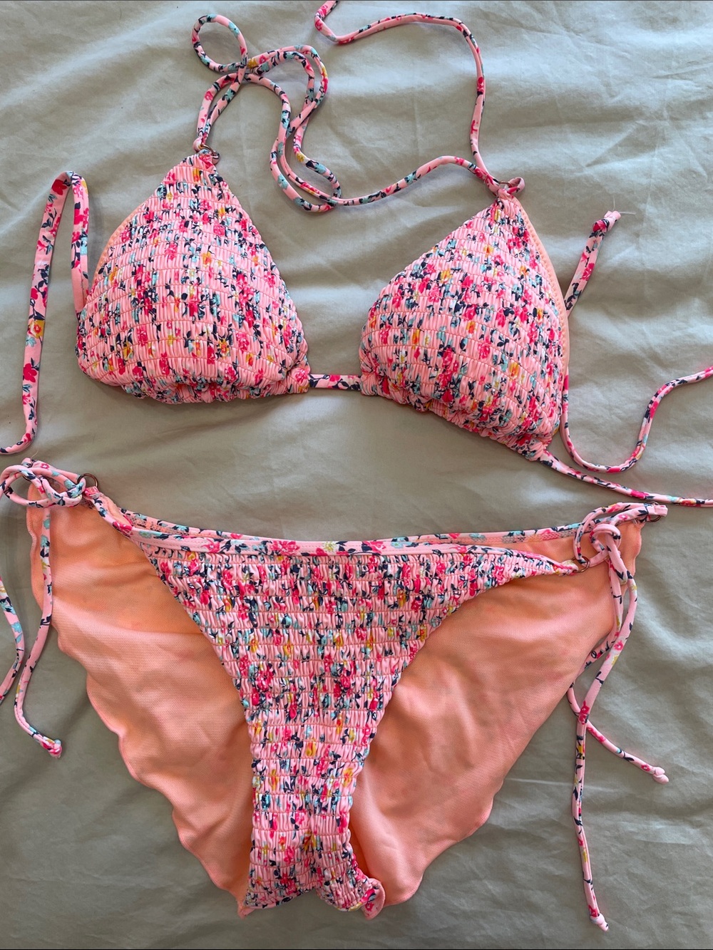 M   Salmon Pink Floral Smocked Triangle Bikini Set  NWOT